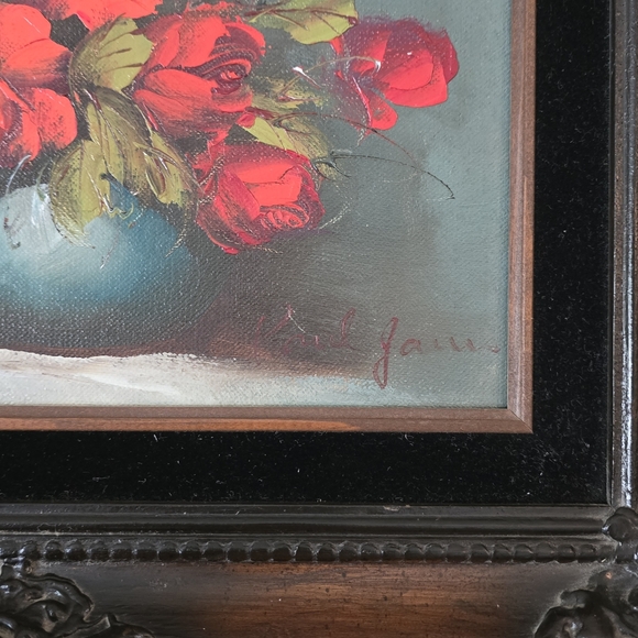 Vintage Floral Painting in Ornate Frame Roses In Vase‎ Oil Pinting Signed - Picture 5 of 12